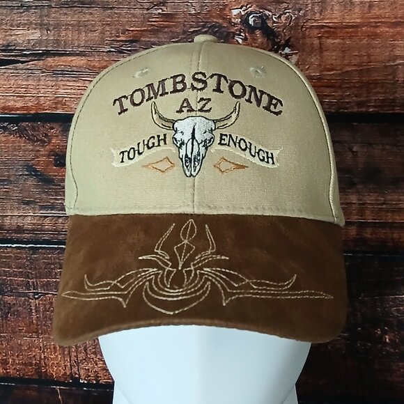 Tombstone AZ Tough Enough Hat Ball Cap Brown Tan Embroidered One Size Bull Skull - Picture 1 of 5